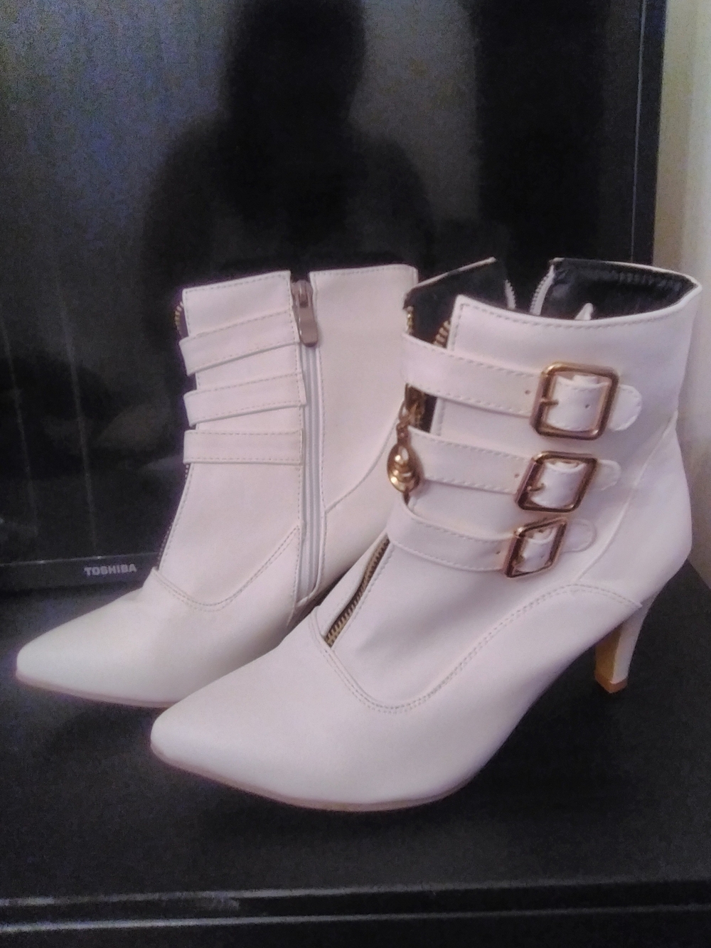 Women’s White Ankle Booties with Gold Buckle Accents